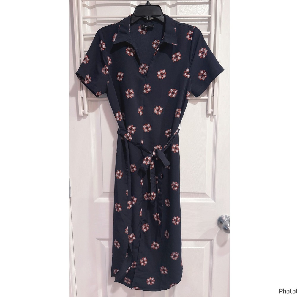 Bobeau Navy Medallion Print Midi Dress 70s Retro Small